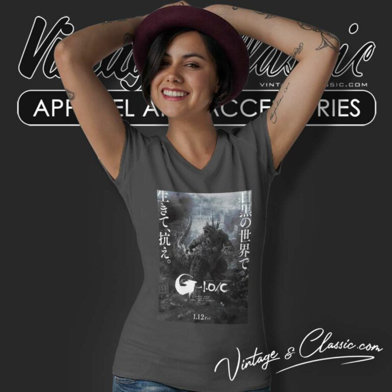 Godzilla Minus One Black And White Poster V Neck TShirt Godzilla Minus One Black And White Poster V Neck TShirt