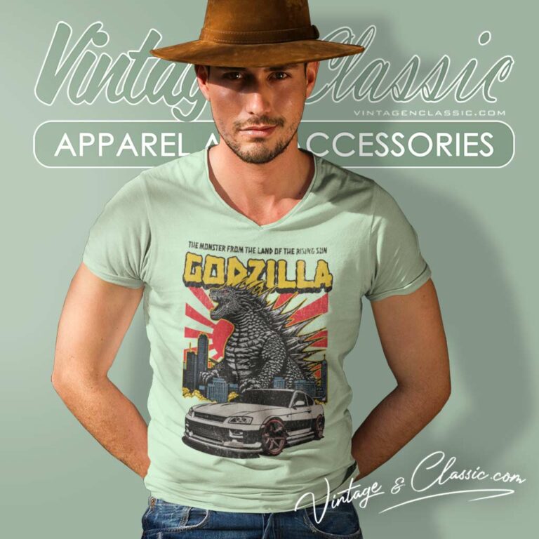 Godzilla Minus One Shirt Vintage Godzilla And Car V Neck TShirt 1 Godzilla Minus One Shirt Vintage Godzilla And Car V Neck TShirt 1