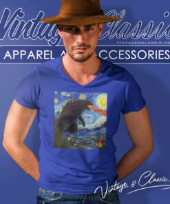 Godzilla Starry Night Vintage V Neck TShirt 1