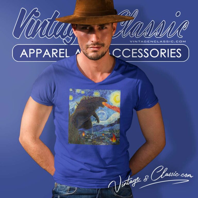 Godzilla Starry Night Vintage V Neck TShirt 1 Godzilla Starry Night Vintage V Neck TShirt 1