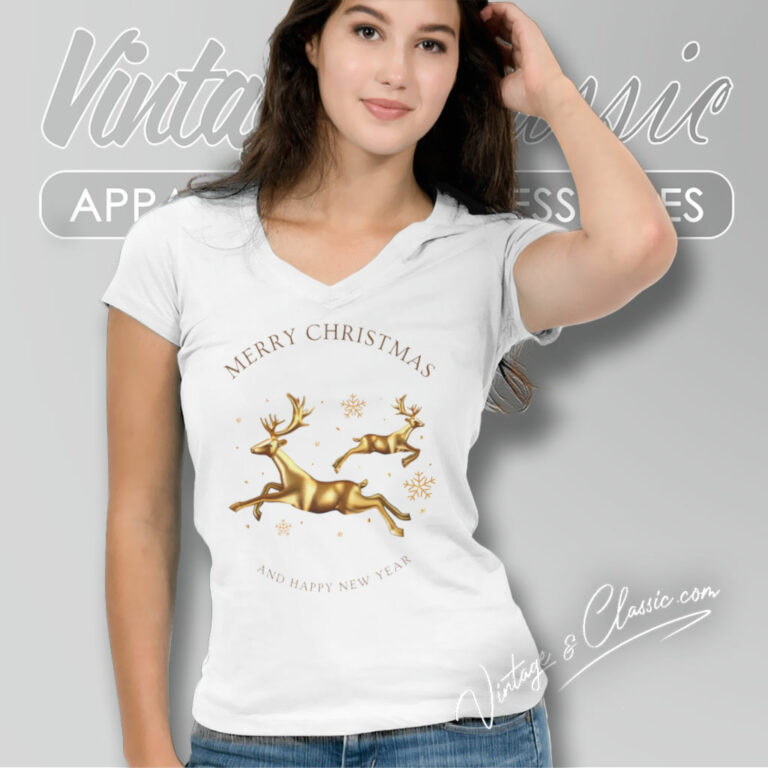 Golden Merry Christmas Happy New Year V Neck TShirt Golden Merry Christmas Happy New Year V Neck TShirt