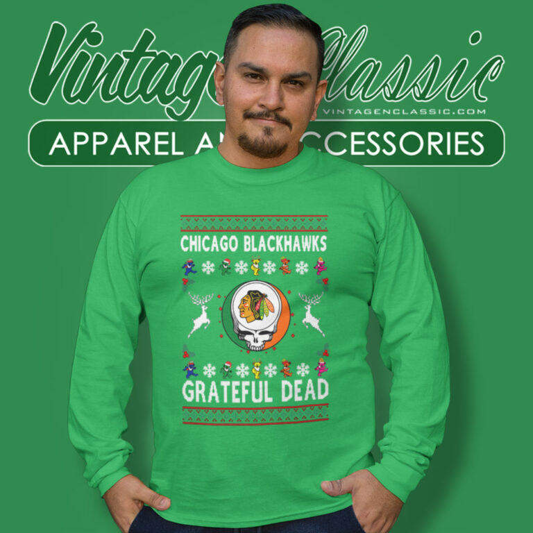 Grateful Dead Chicago Blackhawks Ugly Christmas Long Sleeve Tee Grateful Dead Chicago Blackhawks Ugly Christmas Long Sleeve Tee