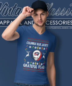 Grateful Dead Columbus Blue Jackets Ugly Christmas Shirt 5 Grateful Dead Columbus Blue Jackets Ugly Christmas V Neck TShirt