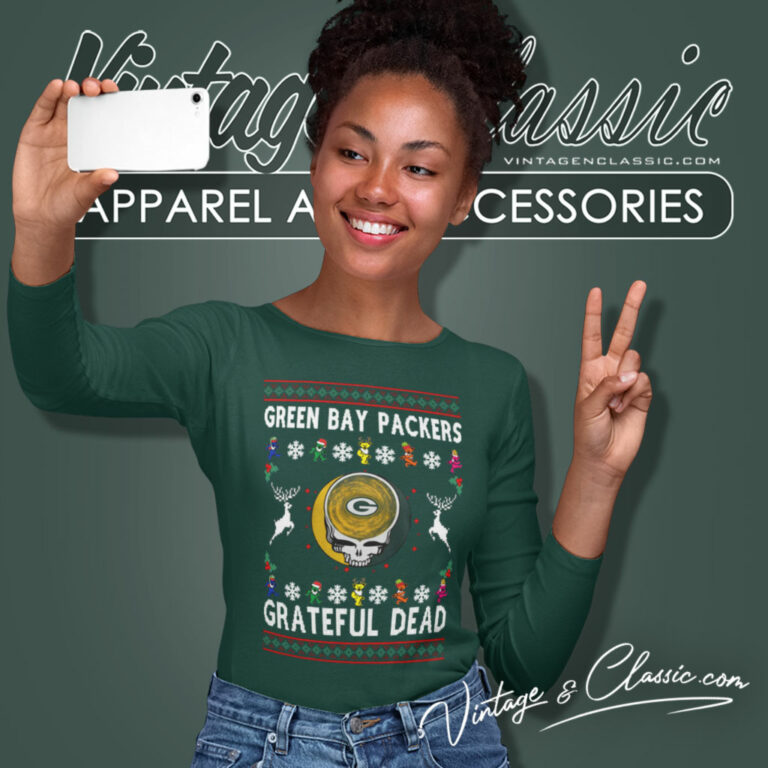 Grateful Dead Green Bay Packers Ugly Christmas Long Sleeve Tee Grateful Dead Green Bay Packers Ugly Christmas Long Sleeve Tee