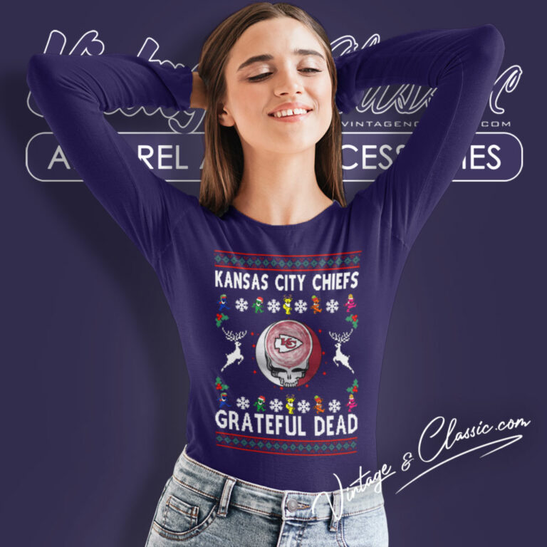 Grateful Dead Kansas City Chiefs Ugly Christmas Long Sleeve Tee Grateful Dead Kansas City Chiefs Ugly Christmas Long Sleeve Tee
