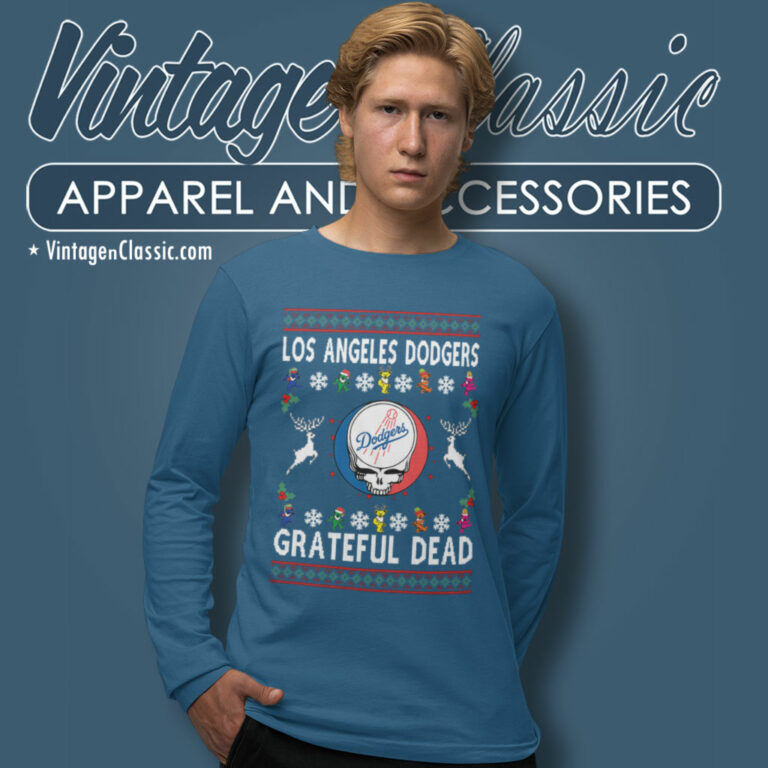 Grateful Dead Los Angeles Dodgers Ugly Christmas Long Sleeve Tee Grateful Dead Los Angeles Dodgers Ugly Christmas Long Sleeve Tee