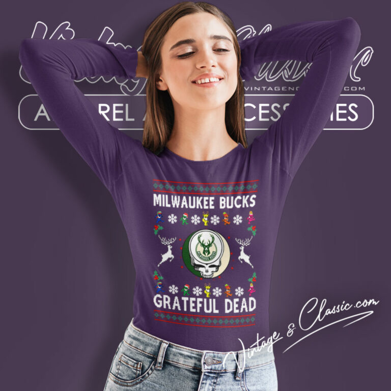 Grateful Dead Milwaukee Bucks Ugly Christmas Long Sleeve Tee Grateful Dead Milwaukee Bucks Ugly Christmas Long Sleeve Tee