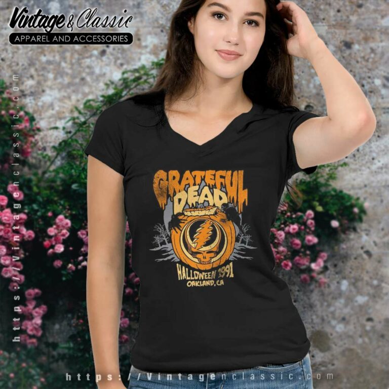 Grateful Dead Shirt Halloween 1991 Oakland Pumpkin V Neck TShirt Grateful Dead Shirt Halloween 1991 Oakland Pumpkin V Neck TShirt
