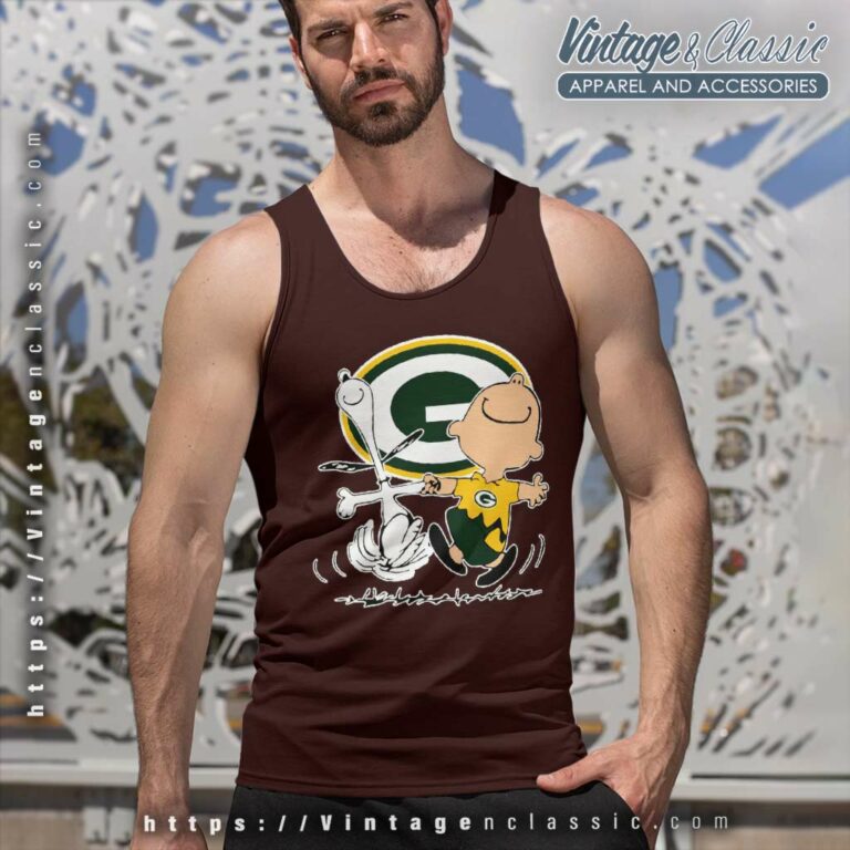 Green Bay Packers Charlie Brown Snoopy Dancing Tank Top Racerback Green Bay Packers Charlie Brown Snoopy Dancing Tank Top Racerback