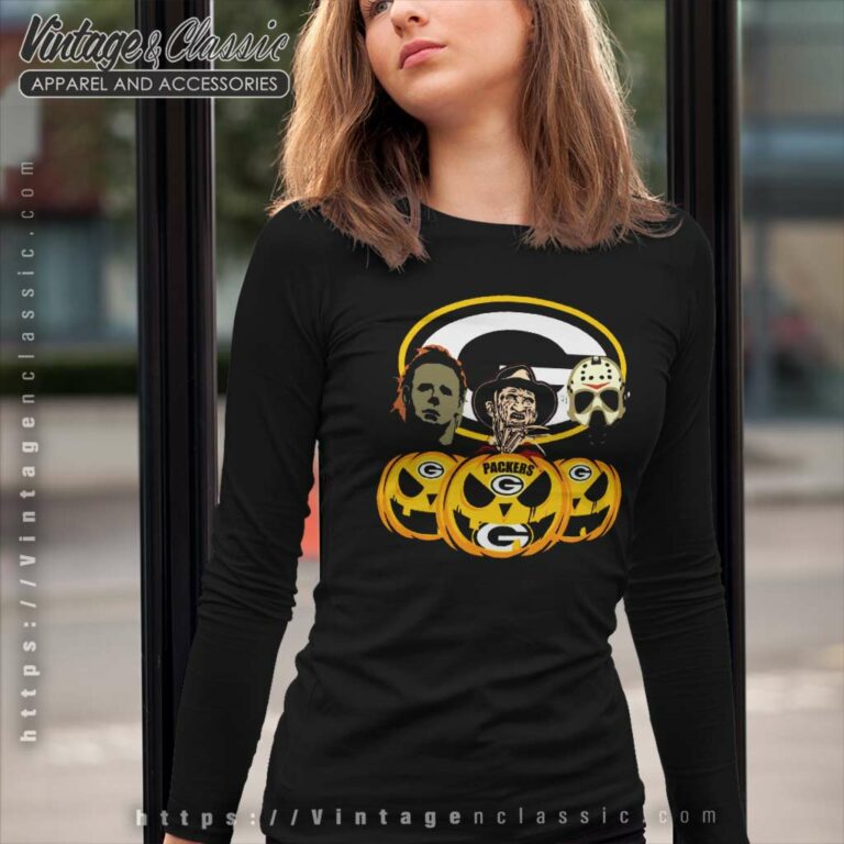 Green Bay Packers Freddy Krueger Michael Myers Jason Voorhees Pumpkin Halloween Long Sleeve Tee Green Bay Packers Freddy Krueger Michael Myers Jason Voorhees Pumpkin Halloween Long Sleeve Tee