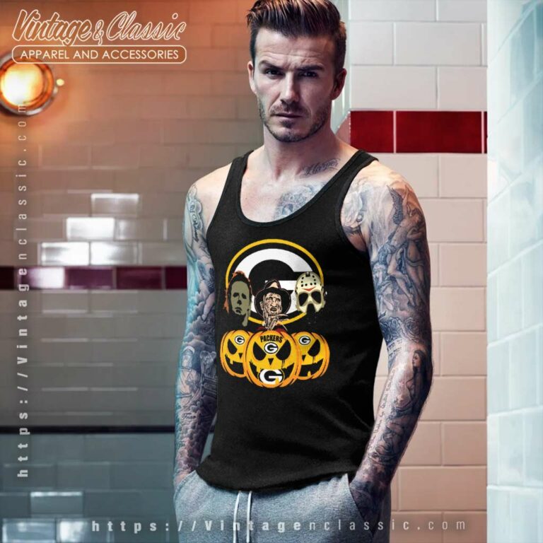 Green Bay Packers Freddy Krueger Michael Myers Jason Voorhees Pumpkin Halloween Tank Top Racerback Green Bay Packers Freddy Krueger Michael Myers Jason Voorhees Pumpkin Halloween Tank Top Racerback