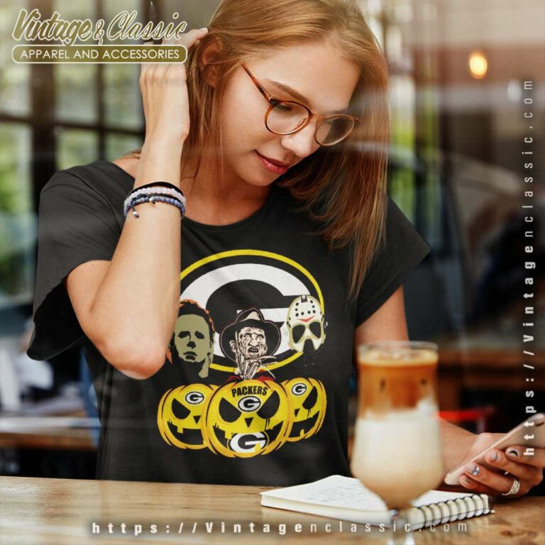Green Bay Packers Freddy Krueger Michael Myers Jason Voorhees Pumpkin Halloween Women TShirt Green Bay Packers Freddy Krueger Michael Myers Jason Voorhees Pumpkin Halloween Women TShirt