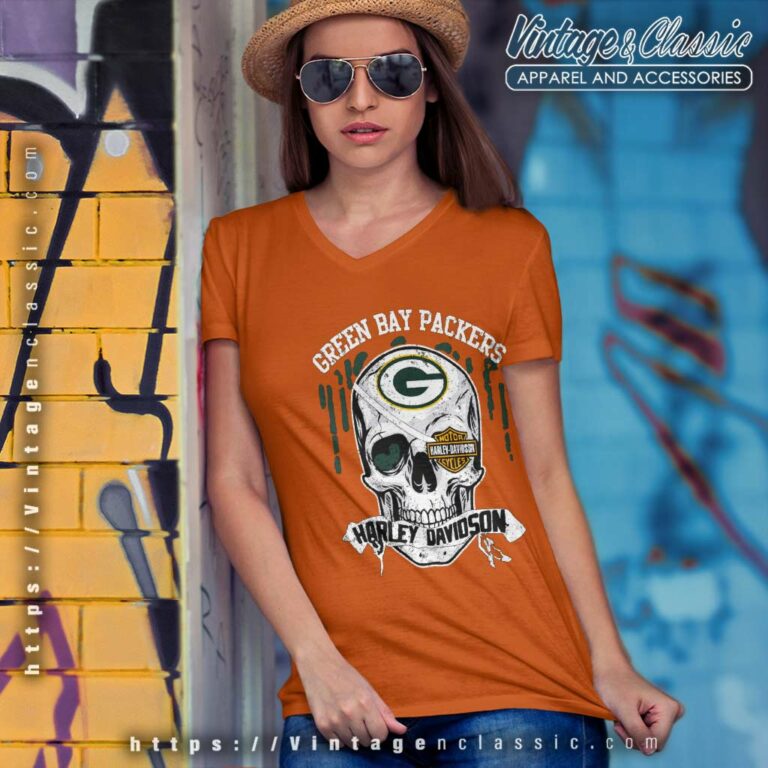 Green Bay Packers Harley Daivsion Skull V Neck TShirt Green Bay Packers Harley Daivsion Skull V Neck TShirt