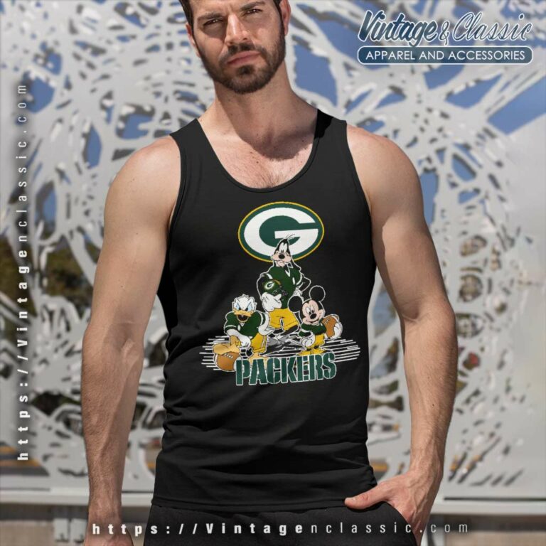 Green Bay Packers Mickey Mouse Donald Duck Goofy Football Tank Top Racerback Green Bay Packers Mickey Mouse Donald Duck Goofy Football Tank Top Racerback