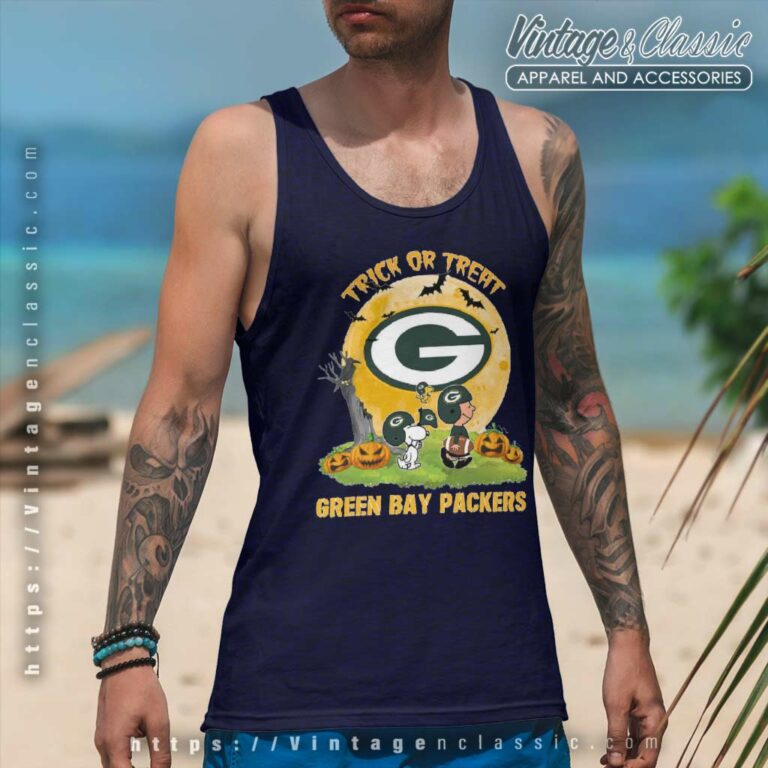 Green Bay Packers Snoopy Charlie Brown And Woodstock Trick Or Treat Halloween Tank Top Racerback Green Bay Packers Snoopy Charlie Brown And Woodstock Trick Or Treat Halloween Tank Top Racerback