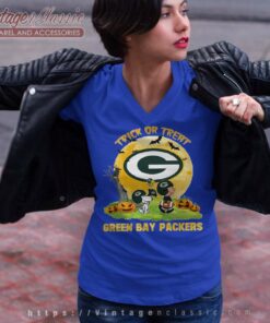Green Bay Packers Snoopy Charlie Brown And Woodstock Trick Or Treat Halloween V Neck TShirt