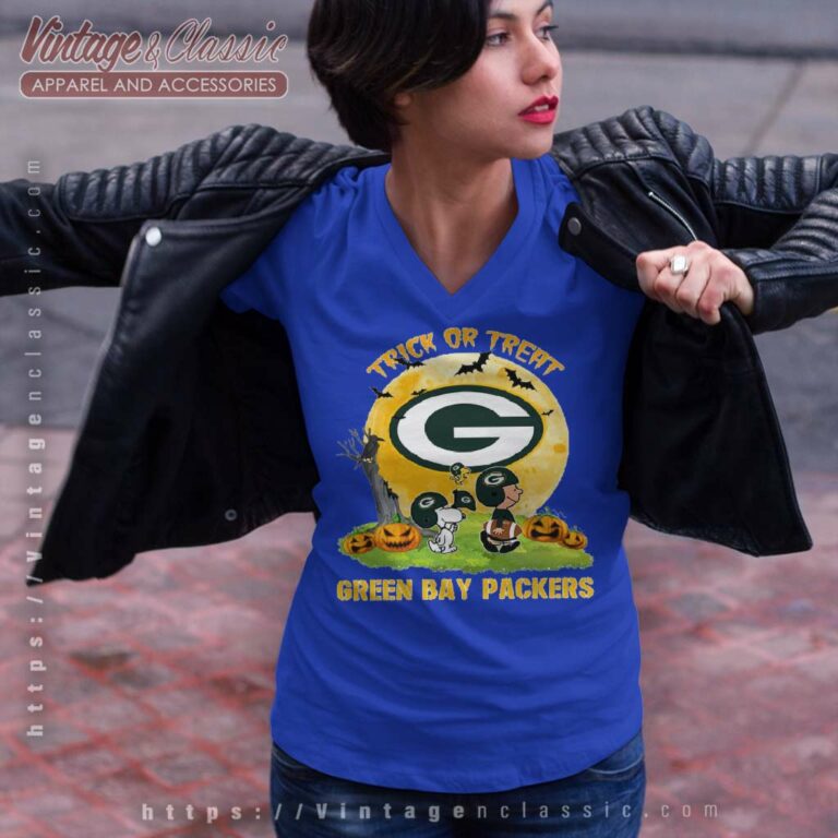 Green Bay Packers Snoopy Charlie Brown And Woodstock Trick Or Treat Halloween V Neck TShirt Green Bay Packers Snoopy Charlie Brown And Woodstock Trick Or Treat Halloween V Neck TShirt