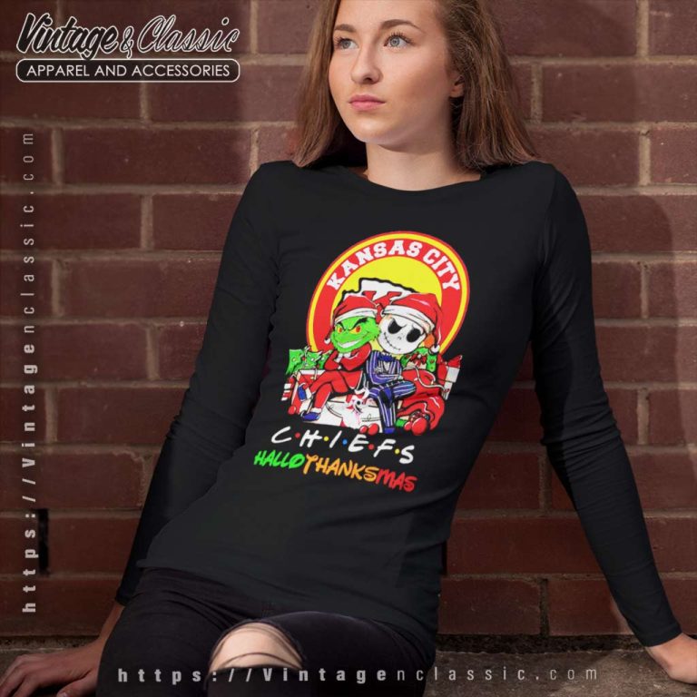 Grinch And Jack Skellington Kansas City Chiefs Hallothankmas Long Sleeve Tee Grinch And Jack Skellington Kansas City Chiefs Hallothankmas Long Sleeve Tee