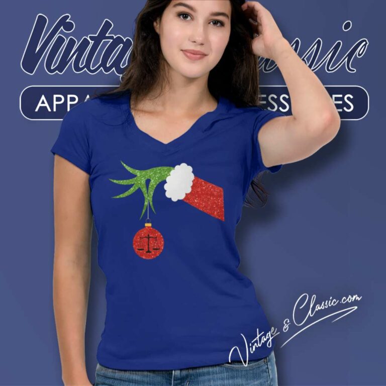 Grinch Hand Holding Lawyer Ornat Christmas V Neck TShirt Grinch Hand Holding Lawyer Ornat Christmas V Neck TShirt