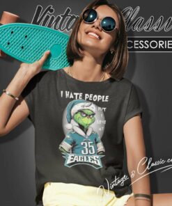 Grinch Santa Love My Eagles Boston Scott Shirt I Hate People Women TShirt