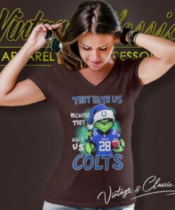 Grinch They Hate Us Because They Aint Us Indianapolis Colts Custom Number Christmas V Neck TShirt