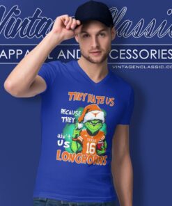 Grinch They Hate Us Because They Aint Us Texas Longhorns Custom Number Christmas V Neck TShirt