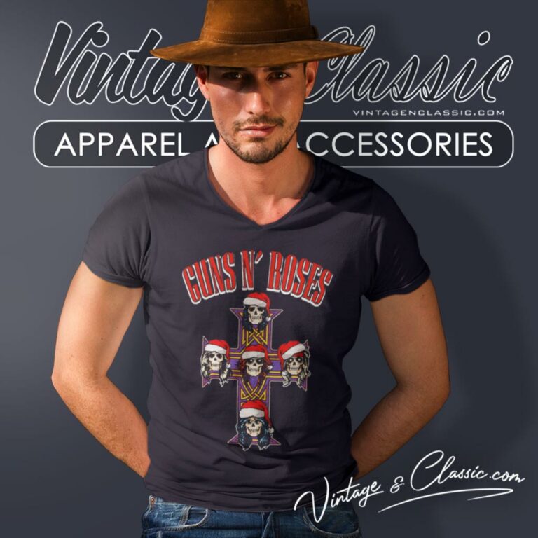 Guns N Rose Christmas Hat Band V Neck TShirt Guns N Rose Christmas Hat Band V Neck TShirt