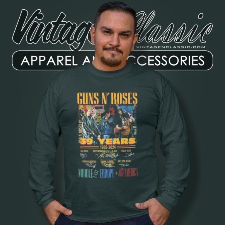 Guns N Rose Shirt 39 Years 1985 2024 Middle East Europe North America Signatures Long Sleeve Tee Guns N Rose Shirt 39 Years 1985 2024 Middle East Europe North America Signatures Long Sleeve Tee