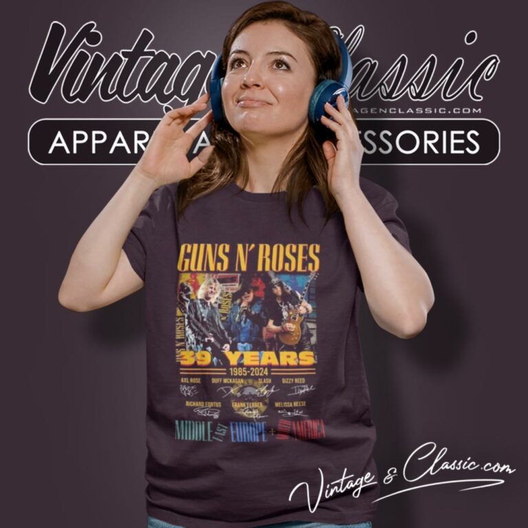 Guns N Rose Shirt 39 Years 1985 2024 Middle East Europe North America Signatures Women T Shirt Guns N Rose Shirt 39 Years 1985 2024 Middle East Europe North America Signatures Women T Shirt