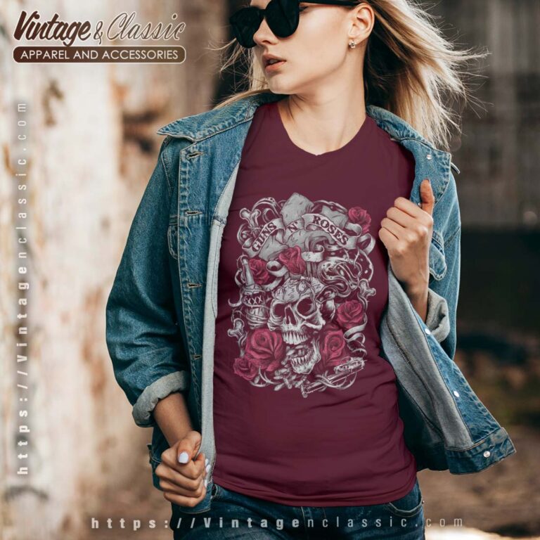 Guns N Roses Flourish Skull Pink Roses Vneck Guns N Roses Flourish Skull Pink Roses Vneck