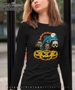 Miami Dolphins Halloween Horror Movie Pumpkin Shirt 4 Miami Dolphins Halloween Horror Movie Pumpkin Long Sleeve Tee