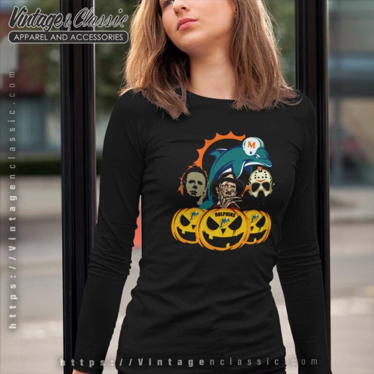 Miami Dolphins Halloween Horror Movie Pumpkin Long Sleeve Tee Miami Dolphins Halloween Horror Movie Pumpkin Long Sleeve Tee