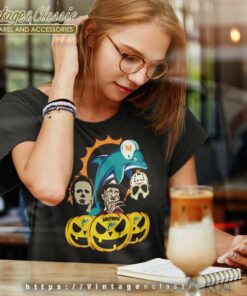 Miami Dolphins Halloween Horror Movie Pumpkin Shirt 6 Miami Dolphins Halloween Horror Movie Pumpkin Women TShirt