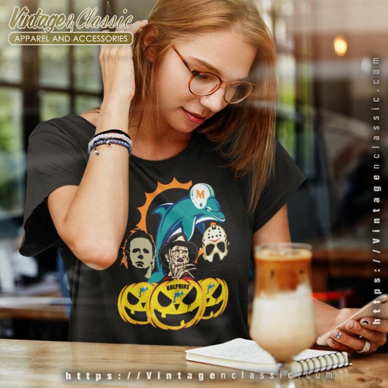 Miami Dolphins Halloween Horror Movie Pumpkin Women TShirt Miami Dolphins Halloween Horror Movie Pumpkin Women TShirt