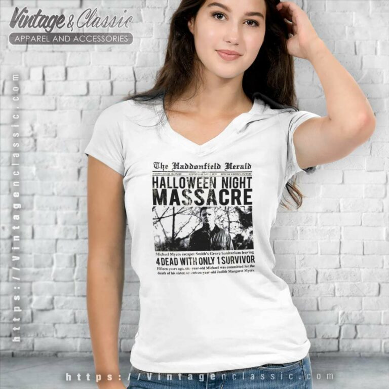 Halloween Myers The Haddonfield Herald V Neck TShirt Halloween Myers The Haddonfield Herald V Neck TShirt