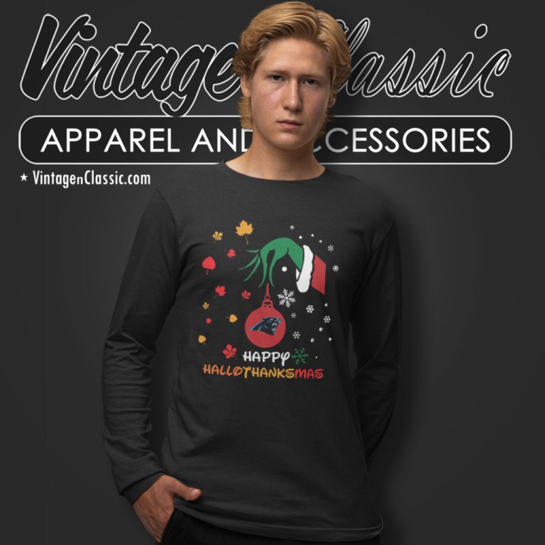 Happy Halloween Thanksgiving Christmas Grinch Carolina Panthers Long Sleeve Tee Happy Halloween Thanksgiving Christmas Grinch Carolina Panthers Long Sleeve Tee