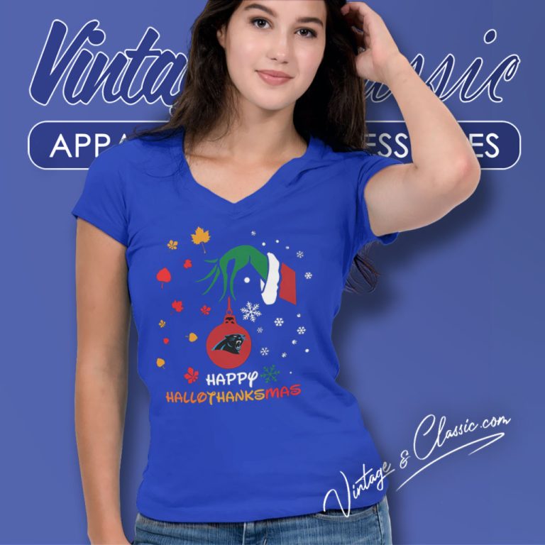 Happy Halloween Thanksgiving Christmas Grinch Carolina Panthers V Neck TShirt Happy Halloween Thanksgiving Christmas Grinch Carolina Panthers V Neck TShirt