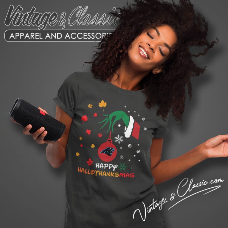 Happy Halloween Thanksgiving Christmas Grinch Carolina Panthers Women T Shirt Happy Halloween Thanksgiving Christmas Grinch Carolina Panthers Women T Shirt