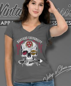 Harvard University Harley Davidson Skull V Neck TShirt
