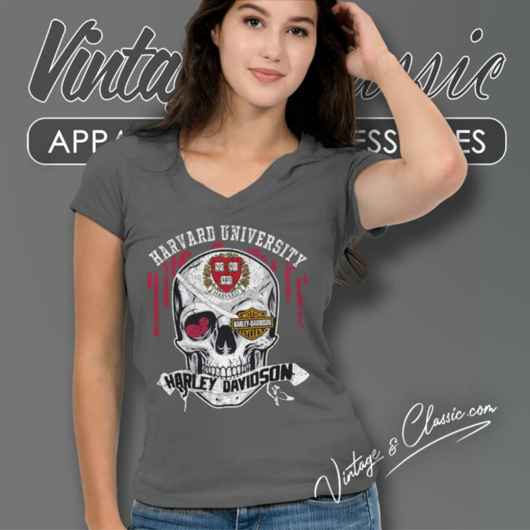 Harvard University Harley Davidson Skull V Neck TShirt Harvard University Harley Davidson Skull V Neck TShirt