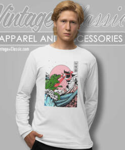 Horror Dinosaur Catzilla Shirt Great Wave Off Kanagawa Long Sleeve Tee