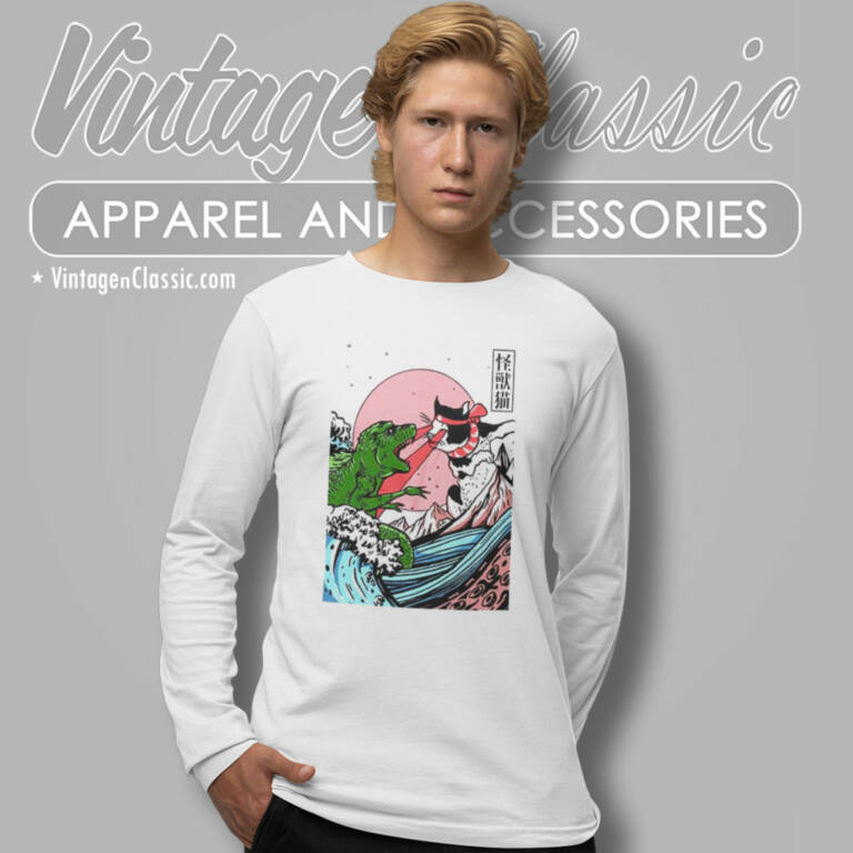 Horror Dinosaur Catzilla Shirt Great Wave Off Kanagawa Long Sleeve Tee Horror Dinosaur Catzilla Shirt Great Wave Off Kanagawa Long Sleeve Tee