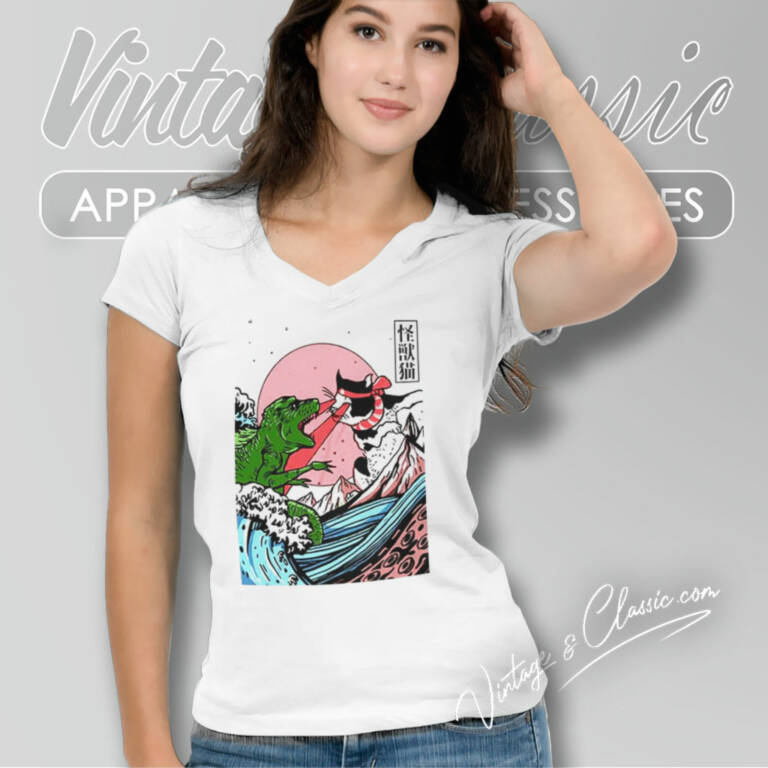 Horror Dinosaur Catzilla Shirt Great Wave Off Kanagawa V Neck TShirt Horror Dinosaur Catzilla Shirt Great Wave Off Kanagawa V Neck TShirt