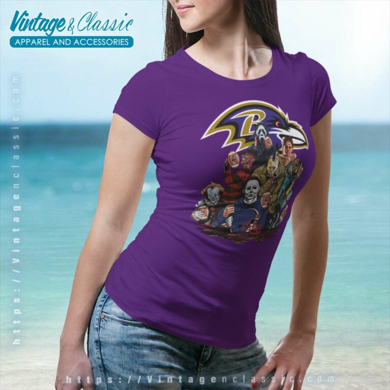 Horror Movies Characters Baltimore Ravens Football Halloween Women TShirt Horror Movies Characters Baltimore Ravens Football Halloween Women TShirt