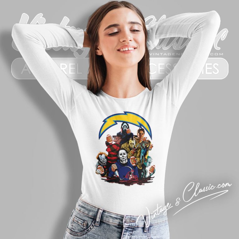 Horror Movies Characters Los Angeles Chargers Football Halloween Long Sleeve Tee Horror Movies Characters Los Angeles Chargers Football Halloween Long Sleeve Tee