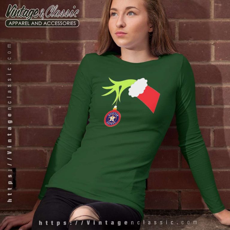 Houston Astros Grinch Hand Holding Christmas Long Sleeve Tee Houston Astros Grinch Hand Holding Christmas Long Sleeve Tee