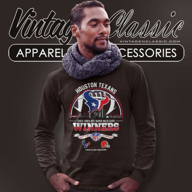 Houston Texans 2023 2024 Afc Super Wild Card Winners Skyline Nfl Playoffs Divisional Long Sleeve Tee Houston Texans 2023 2024 Afc Super Wild Card Winners Skyline Nfl Playoffs Divisional Long Sleeve Tee