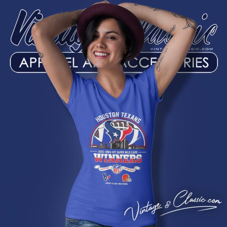 Houston Texans 2023 2024 Afc Super Wild Card Winners Skyline Nfl Playoffs Divisional V Neck TShirt Houston Texans 2023 2024 Afc Super Wild Card Winners Skyline Nfl Playoffs Divisional V Neck TShirt