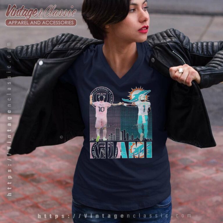 Inter Miami Messi And Dolphins Tagovailoa City Champions V Neck TShirt Inter Miami Messi And Dolphins Tagovailoa City Champions V Neck TShirt