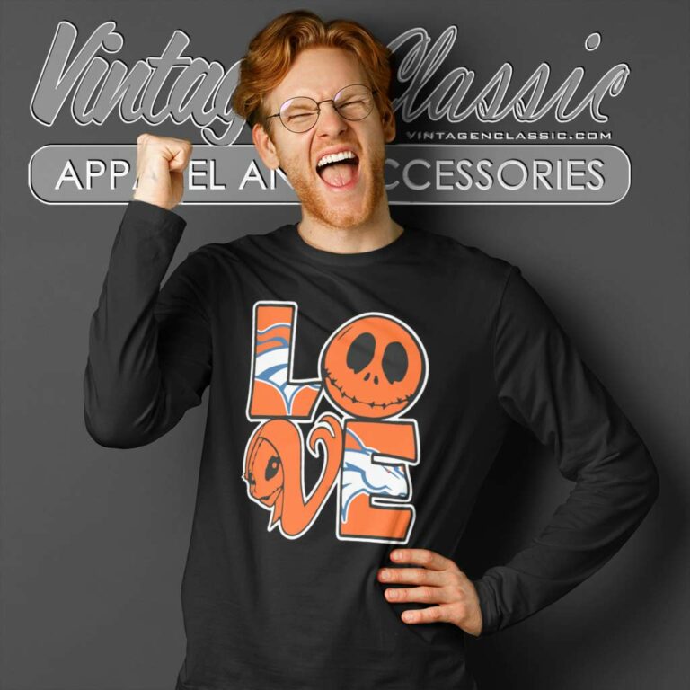 Jack Skellington And Sally Love Denver Broncos Long Sleeve Tee Jack Skellington And Sally Love Denver Broncos Long Sleeve Tee